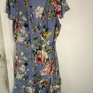 Xhilaration Pink and Yellow Ruffled Wrap Midi Dress